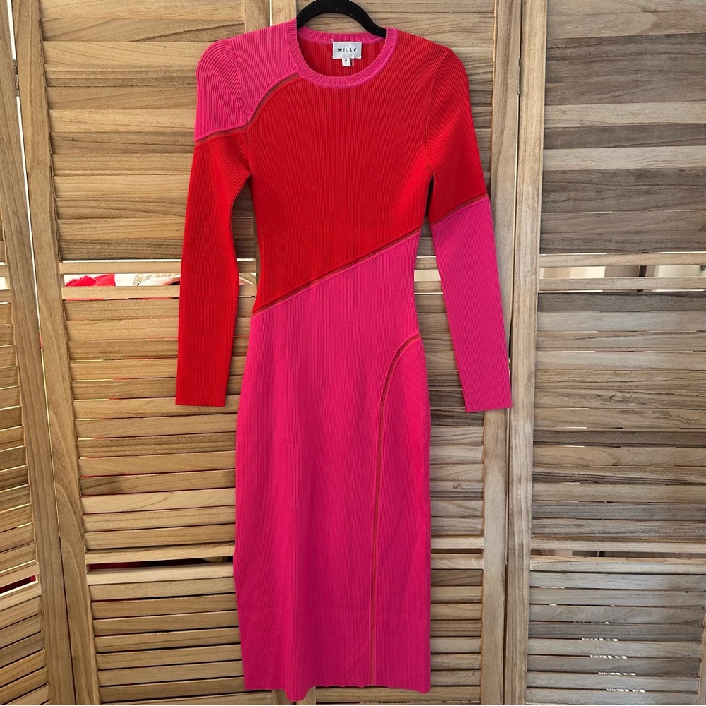 Milly Raziela Ribbed Colorblock Bodycon Midi Dress size M - Picture 5 of 9
